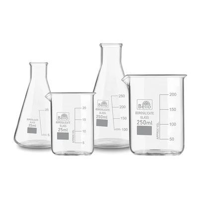 Bello (2pcs x 250ml), (2pcs x 25ml) Beakers and Conical Flasks with Graduation Marks, 3.3 Borosilicate Glass Material