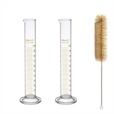 Bello 100ml x 2pcs Borosilicate 3.3 Glass Measuring Cylinder, Hexagonal Base with Cleaning Brush