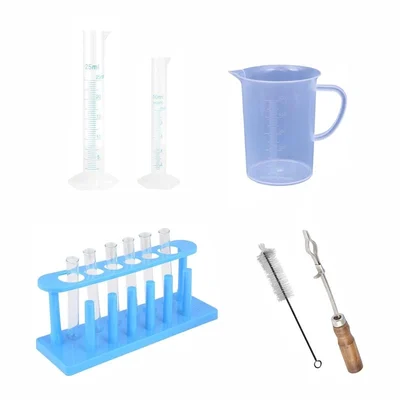 Bello 12 Lab Products- Plastic Jug 500ml & Cylinder 10ml, 25ml, Stand, Holder & Brush with 6pcs Test Tubes 15X125mm