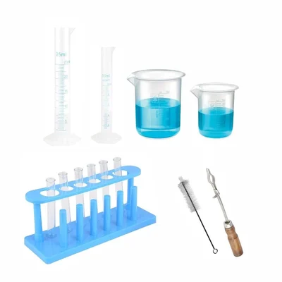 Bello 13 Lab Products- 2pcs Cylinder & 2pcs Beaker, Test Tube Stand, Holder & Cleaning Brush with 6pcs Test Tubes