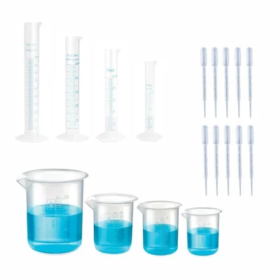 Bello 18 Lab Products- Plastic Beaker 25ml, 50ml, 100ml, 250ml & Cylinder 10ml, 25ml, 50ml, 100ml with Dropper 3ml x 10pcs