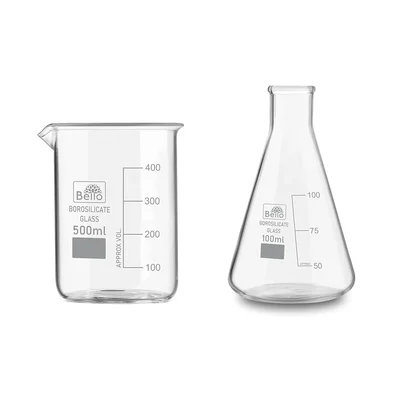 Bello 2 Pcs, 500 ml Beaker and 100 ml Conical Flask with Graduation Marks, Borosilicate 3.3 Glass
