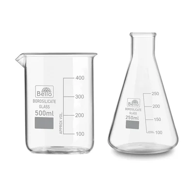 Bello 2 Pcs, 500 ml Beaker and 250 ml Conical Flask with Graduation Marks, Borosilicate 3.3 Glass