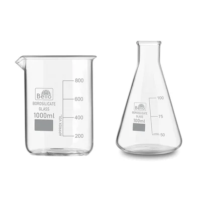 Bello 2pcs, 1000 ml Beaker and 100 ml Conical Flask with Graduation Marks, Borosilicate 3.3 Glass