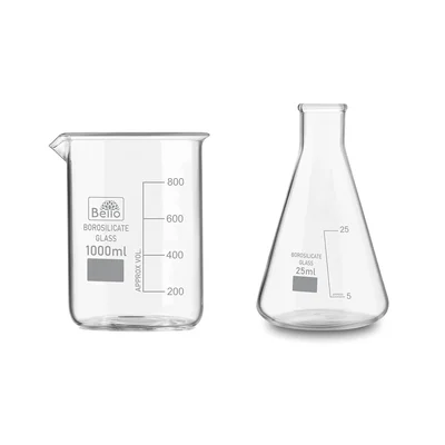 Bello 2pcs, 1000 ml Beaker and 25 ml Conical Flask with Graduation Marks, Borosilicate 3.3 Glass