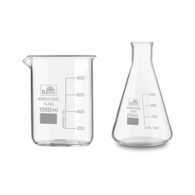 Bello 2pcs, 1000 ml Beaker and 250 ml Conical Flask with Graduation Marks, Borosilicate 3.3 Glass