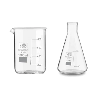 Bello 2pcs, 1000 ml Beaker and 50 ml Conical Flask with Graduation Marks, Borosilicate 3.3 Glass