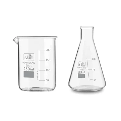 Bello 2pcs Borosilicate 3.3 Glass 250 ml Beaker and 100 ml Conical Flask with Graduation Marks
