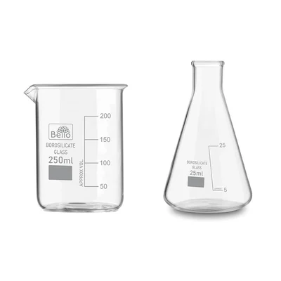 Bello 2pcs Borosilicate 3.3 Glass 250 ml Beaker and 25 ml Conical Flask with Graduation Marks