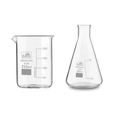 Bello 2pcs Borosilicate 3.3 Glass 250 ml Beaker and 50 ml Conical Flask with Graduation Marks