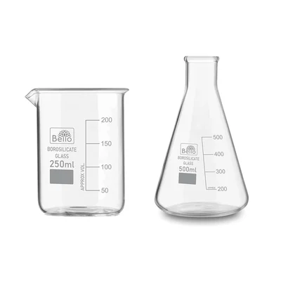 Bello 2pcs Borosilicate 3.3 Glass 250 ml Beaker and 500 ml Conical Flask with Graduation Marks