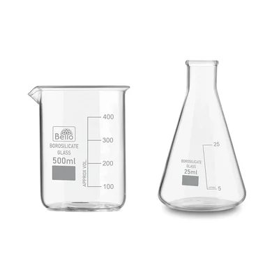Bello 2pcs Borosilicate 3.3 Glass 500 ml Beaker and 25 ml Conical Flask with Graduation Marks