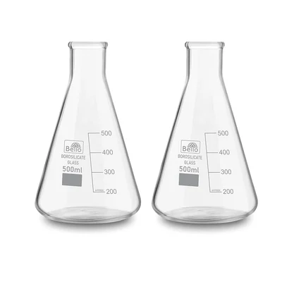 Bello 2pcs Borosilicate 3.3 Glass 500ml Conical Flask with Graduation Marks for Laboratory