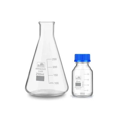 Bello 2pcs Borosilicate Glass 250ml Conical Flask & 25ml Reagent Bottle with Blue Screw Cap