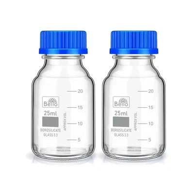 Bello 2pcs Borosilicate Glass Wide Mouth Reagent Bottle 25ml with Leak Proof Blue Screw Cap