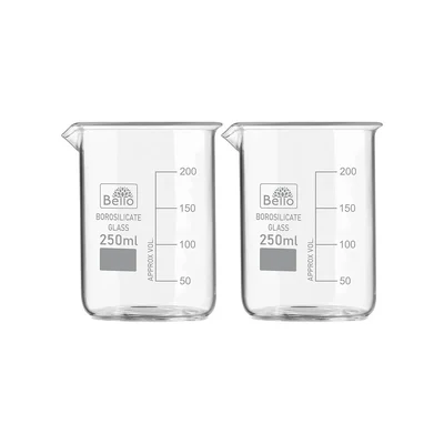 Bello 2pcs x 250ml Borosilicate 3.3 Glass Beakers with Graduation Marks for Laboratory
