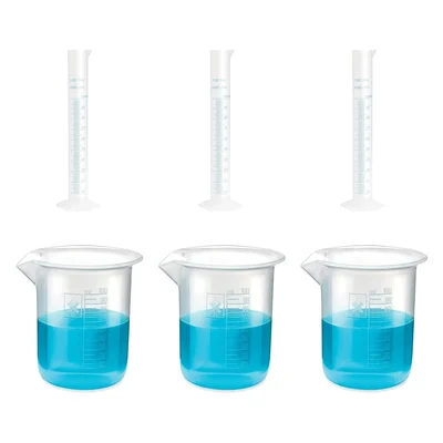 Bello 3pcs x 100ml Measuring Cylinder & 3pcs x 100ml Measuring Beaker with Blue Printed Graduation, Polypropylene Material