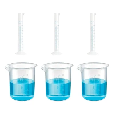 Bello 3pcs x 100ml Measuring Cylinder & 3pcs x 25ml Measuring Beaker with Blue Printed Graduation, Polypropylene Material