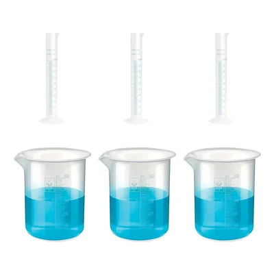 Bello 3pcs x 100ml Measuring Cylinder & 3pcs x 500ml Measuring Beaker with Blue Printed Graduation, Polypropylene Material