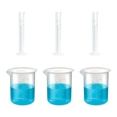 Bello 3pcs x 100ml Measuring Cylinder & 3pcs x 50ml Measuring Beaker with Blue Printed Graduation, Polypropylene Material