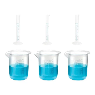 Bello 3pcs x 10ml Measuring Cylinder & 3pcs x 100ml Measuring Beaker with Blue Printed Graduation, Polypropylene Material