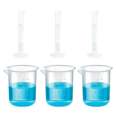 Bello 3pcs x 10ml Measuring Cylinder & 3pcs x 25ml Measuring Beaker with Blue Printed Graduation, Polypropylene Material