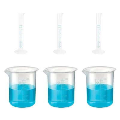 Bello 3pcs x 10ml Measuring Cylinder & 3pcs x 500ml Measuring Beaker with Blue Printed Graduation, Polypropylene Material