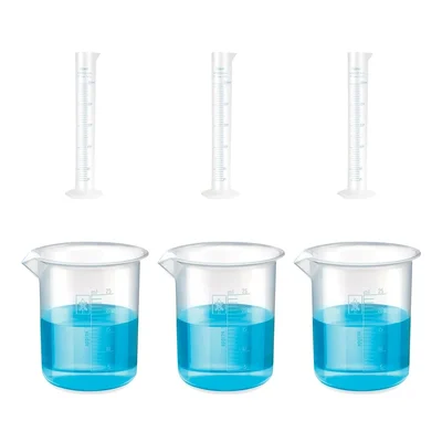 Bello 3pcs x 250ml Measuring Cylinder & 3pcs x 25ml Measuring Beaker with Blue Printed Graduation, Polypropylene Material