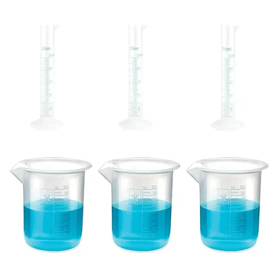 Bello 3pcs x 25ml Measuring Cylinder & 3pcs x 100ml Measuring Beaker with Blue Printed Graduation, Polypropylene Material