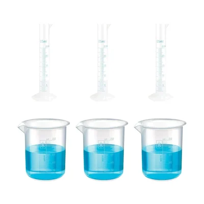 Bello 3pcs x 25ml Measuring Cylinder & 3pcs x 250ml Measuring Beaker with Blue Printed Graduation, Polypropylene Material