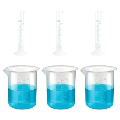 Bello 3pcs x 25ml Measuring Cylinder & 3pcs x 50ml Measuring Beaker with Blue Printed Graduation, Polypropylene Material