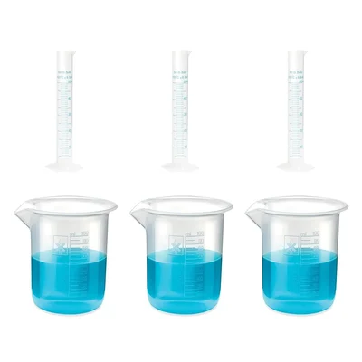 Bello 3pcs x 50ml Measuring Cylinder & 3pcs x 100ml Measuring Beaker with Blue Printed Graduation, Polypropylene Material