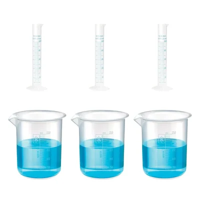 Bello 3pcs x 50ml Measuring Cylinder & 3pcs x 250ml Measuring Beaker with Blue Printed Graduation, Polypropylene Material