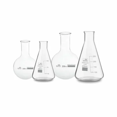 Bello 4pcs (100ml & 250ml) Borosilicate Glass Long Neck Boiling Flask with Round Bottom & Conical Flask