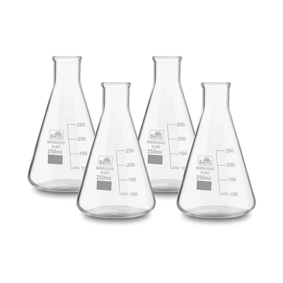 Bello 4pcs 250 ml Borosilicate 3.3 Glass Conical Flask with Graduation Marks for Laboratory Usage