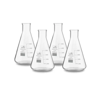 Bello 4pcs Borosilicate 3.3 Glass 500ml Conical Flask with Graduation Marks for Laboratory