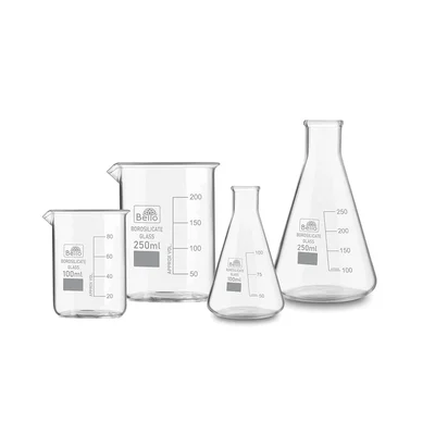 Bello 4pcs Borosilicate 3.3 Glass Beakers - 100ml, 250ml and Conical - 100ml, 250ml with & Graduation Marks