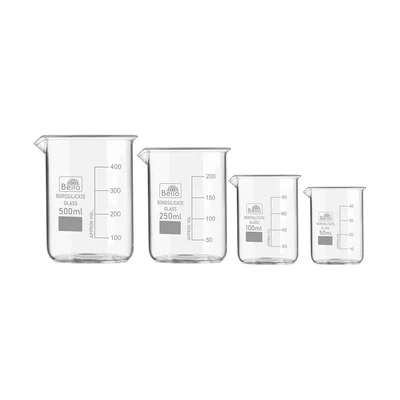 Bello 4pcs Borosilicate 3.3 Glass Beakers - 50ml, 100ml, 250ml, 500ml with Graduation Marks