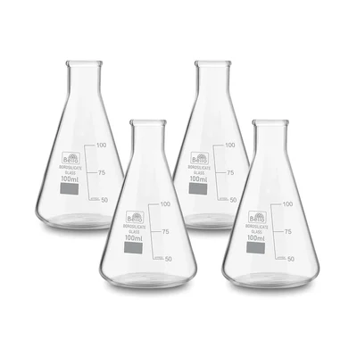 Bello 4pcs Borosilicate 3.3 Glass Conical Flask 100 ml with Graduation Marks for School, Collage, Laboratory