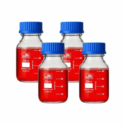 Bello 4pcs Borosilicate Glass Reagent Bottle 50ml with Leak Proof Blue Screw Cap for Laboratory, kitchen Use