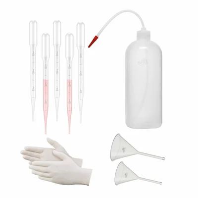 Bello 500ml Polypropylene Wash Bottle with Screw Cap, Flexible Delivery Tube & Dropper 3ml x 5pcs, Gloves, Funnel 35mm, 50mm
