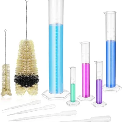 Bello 5pcs Clear Plastic Graduated Cylinders 10ml, 25ml, 50ml,100ml, 250ml with 4pcs x 3ml Droppers & 2pcs Brushes