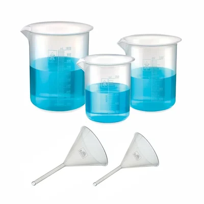 Bello 5pcs Polypropylene Beaker with Graduation Marks 250ml, 500ml, 1000ml and Plastic Funnel 50mm, 100mm for Laboratory