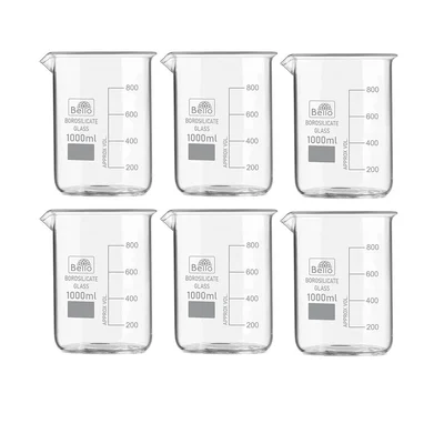 Bello 6 pcs Borosilicate 3.3 Glass Beaker 1000ml with Graduation Marks for School, Collage Chemistry Lab Laboratory