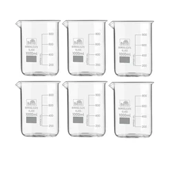 Bello 6 pcs Borosilicate 3.3 Glass Beaker 1000ml with Graduation Marks for School, Collage Chemistry Lab Laboratory