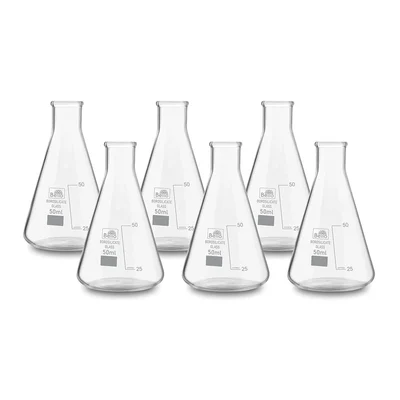 Bello 6pcs Borosilicate 3.3 Glass 50ml Conical Flask with Graduation Marks for Laboratory