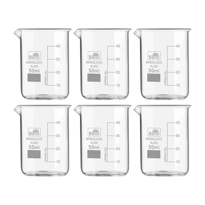 Bello 6pcs Borosilicate 3.3 Glass Beaker with Graduation Marks, 50ml Capacity for Laboratory