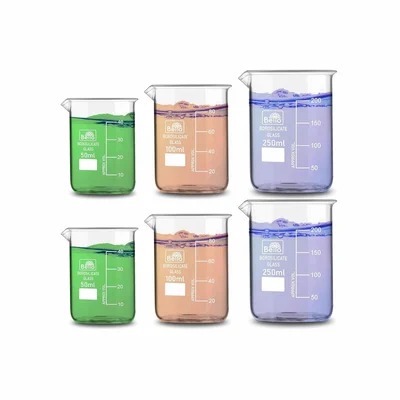 Bello 6pcs Borosilicate 3.3 Glass Beakers - 2pcs x 50ml, 2pcs x 100ml & 250mlx 2pcs with Graduation Marks for Laboratory