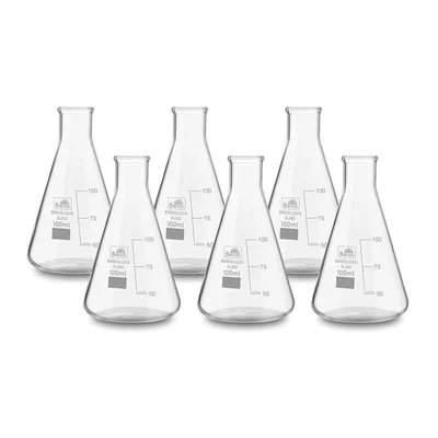 Bello 6pcs Borosilicate 3.3 Glass Conical Flask 100 ml with Graduation Marks for School, Collage, Laboratory