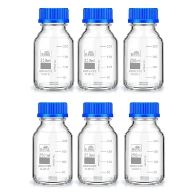 Bello 6pcs Borosilicate Glass Reagent Bottle 250ml with Leak Proof Blue Screw Cap